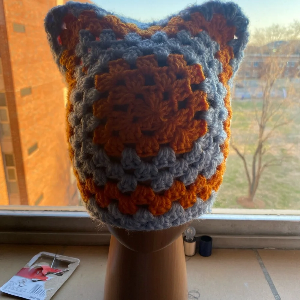 Hand Crafted Orange and Gray Cat-Ear Beanie